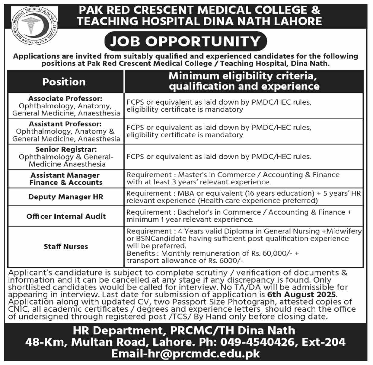 Jobs in Pak Red Crescent Medical College & Teaching Hospital Lahore